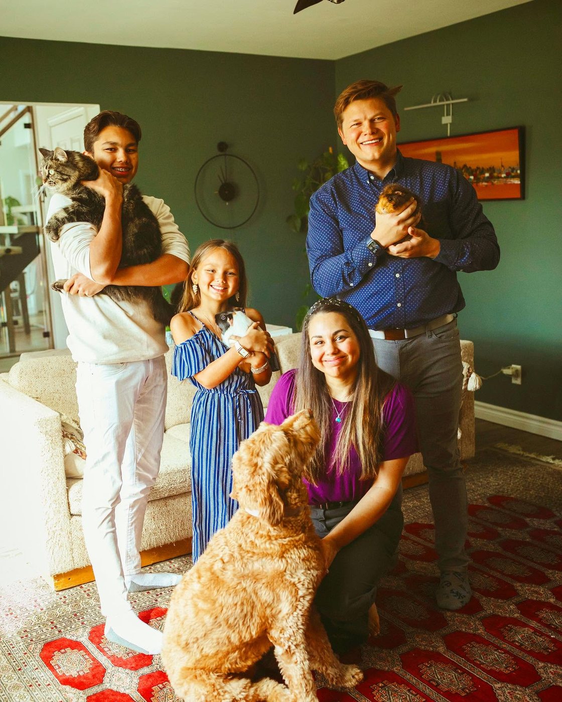 Brad Mayer-Harman at home in Mono with his wife Lianna, their two children and the family pets